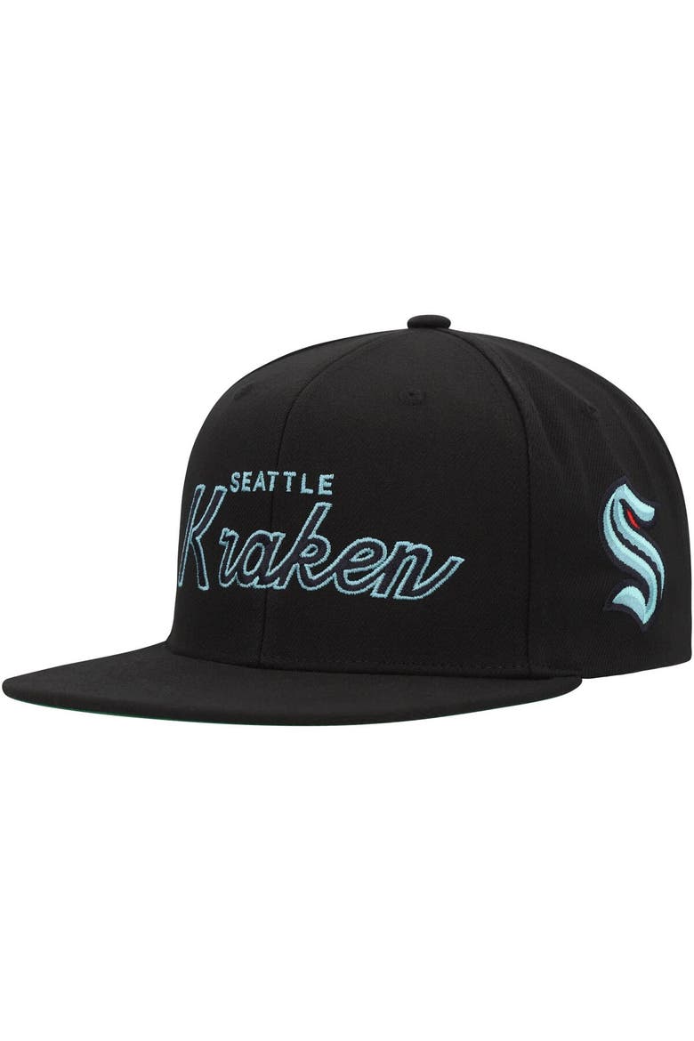 Men's Mitchell & Ness Black Seattle Kraken Core Team Script 2.0 Snapback Hat, Main, color, Black