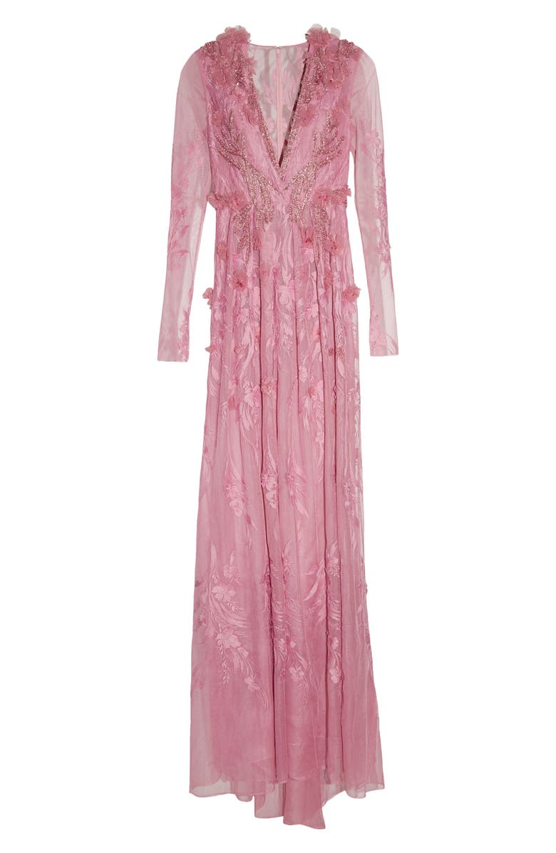 Pamella Roland Long Sleeve 3D Floral Embroidered Lace Gown, Alternate, color, 