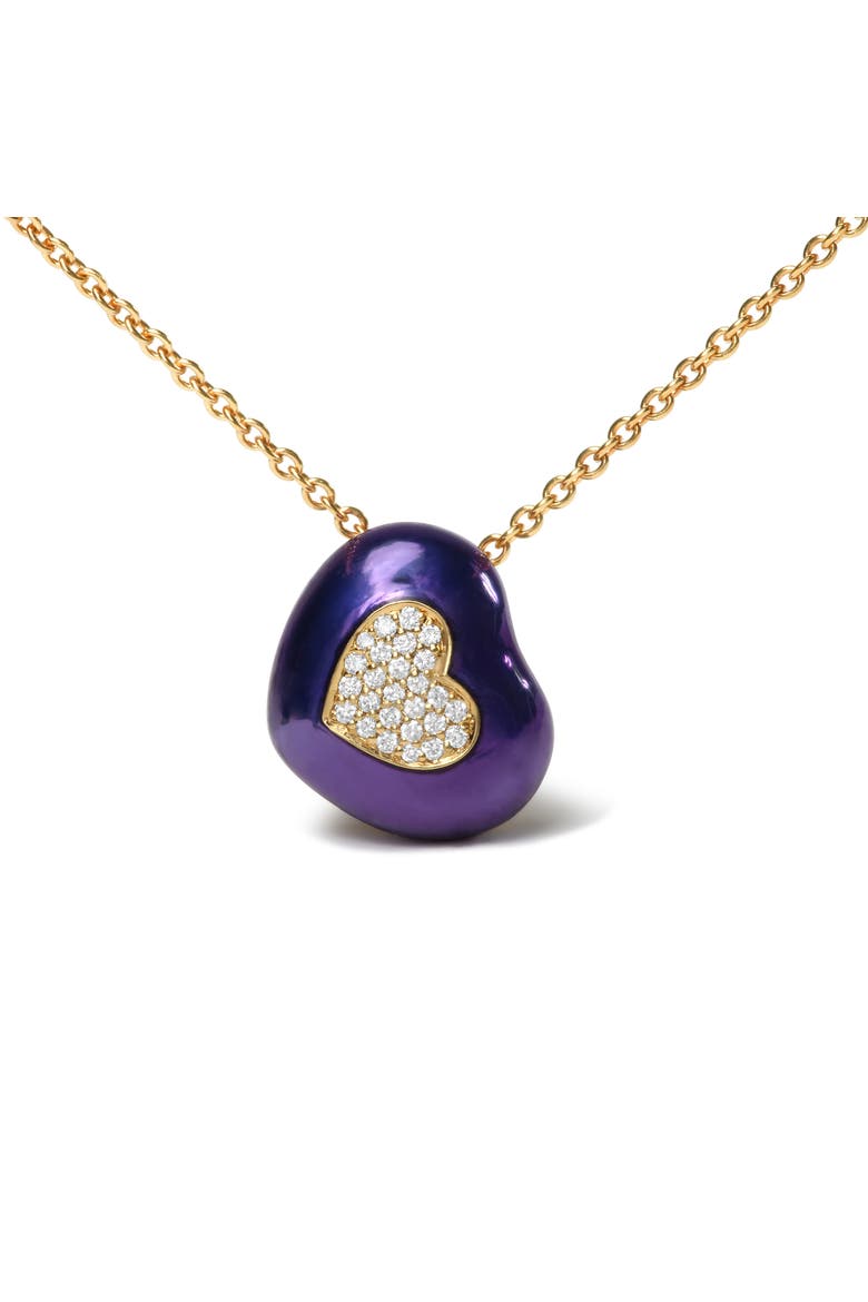 18K Yellow Gold Blue Enamel 1/10 Cttw Diamonds Heart Shape Pendant Necklace, Alternate, color, Yellow