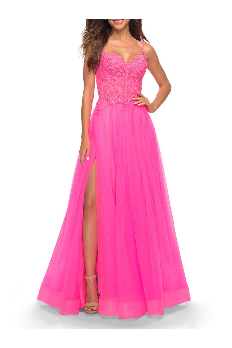 Neon Pink Tulle and Lace Ballgown with Illusion Bodice, Alternate, color, Neon Pink