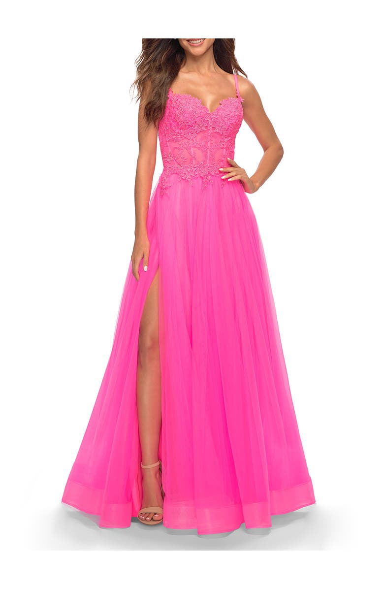 La Femme Neon Pink Tulle and Lace Ballgown with Illusion Bodice, Alternate, color, Neon Pink