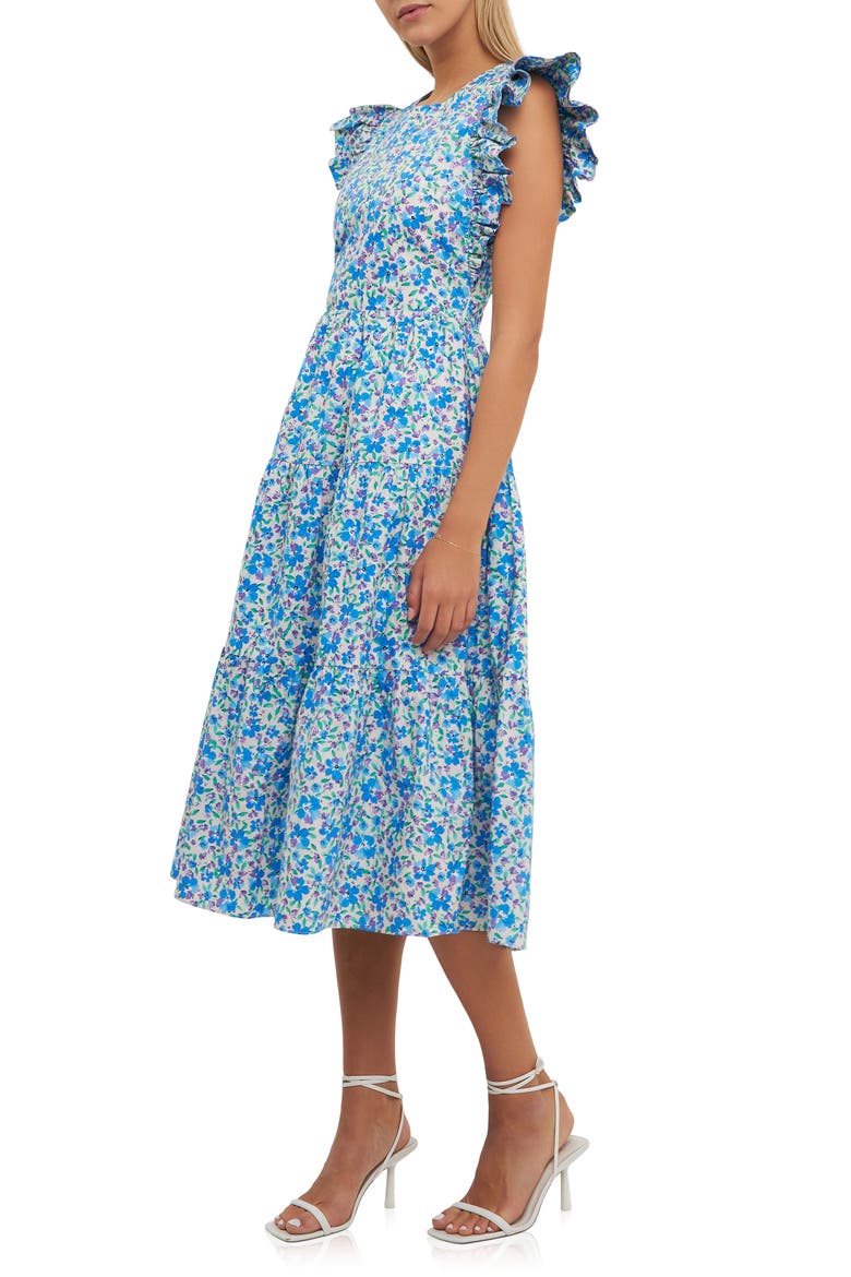 Floral Cutout Back A-Line Dress, Alternate, color, BLUE MULTI
