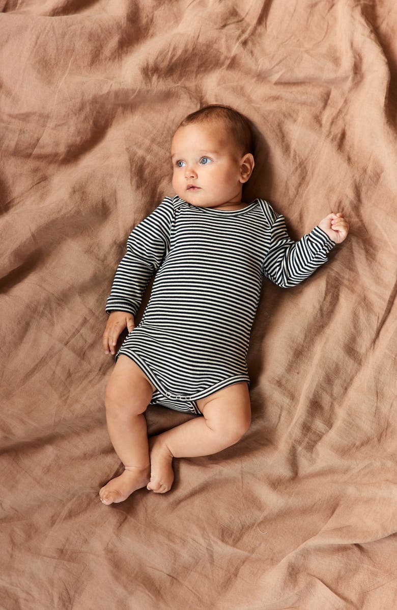 NATURE BABY Long Sleeve Bodysuit, Alternate, color, Navy Stripe