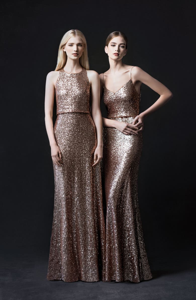 Jenny Yoo Jules Sequin Blouson Gown with Detachable Back Cowl, Alternate, color, 