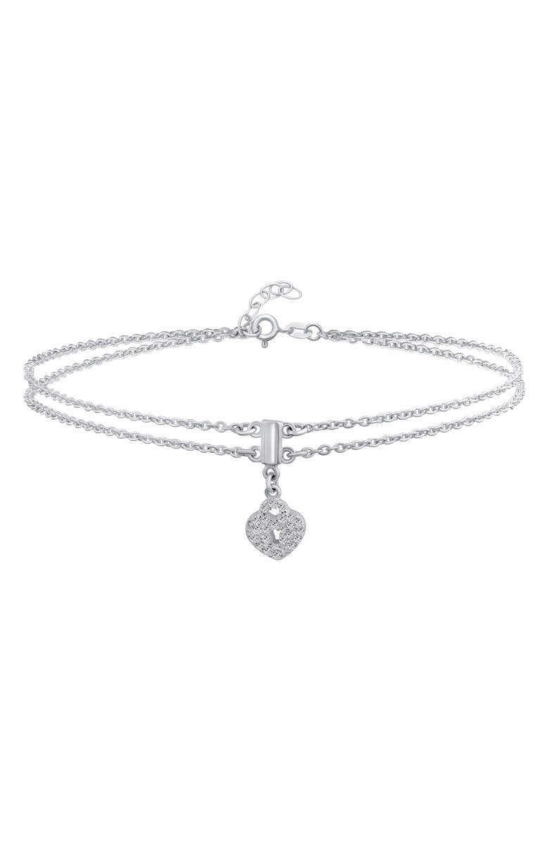 BLING JEWELRY Sterling Silver Heart Lock CZ Charm Anklet, Main, color,