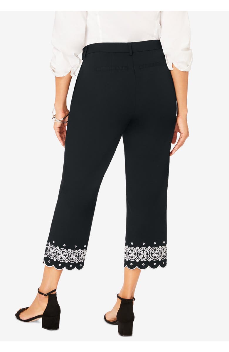 Jessica London Stretch Poplin Classic Cropped Straight Leg Pant, Alternate, color, White Medallion Embroidery