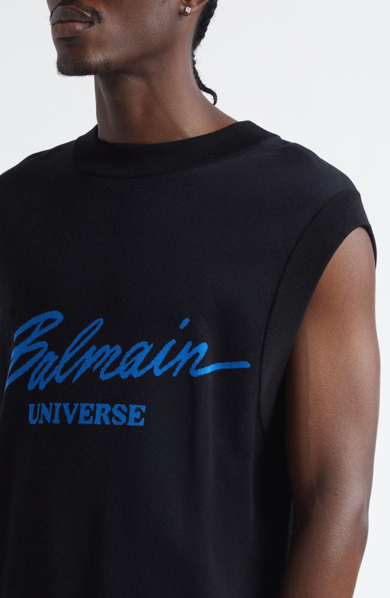 Balmain Universe Jacquard Sweater Vest, Alternate, color, Black/ Hologram Blue