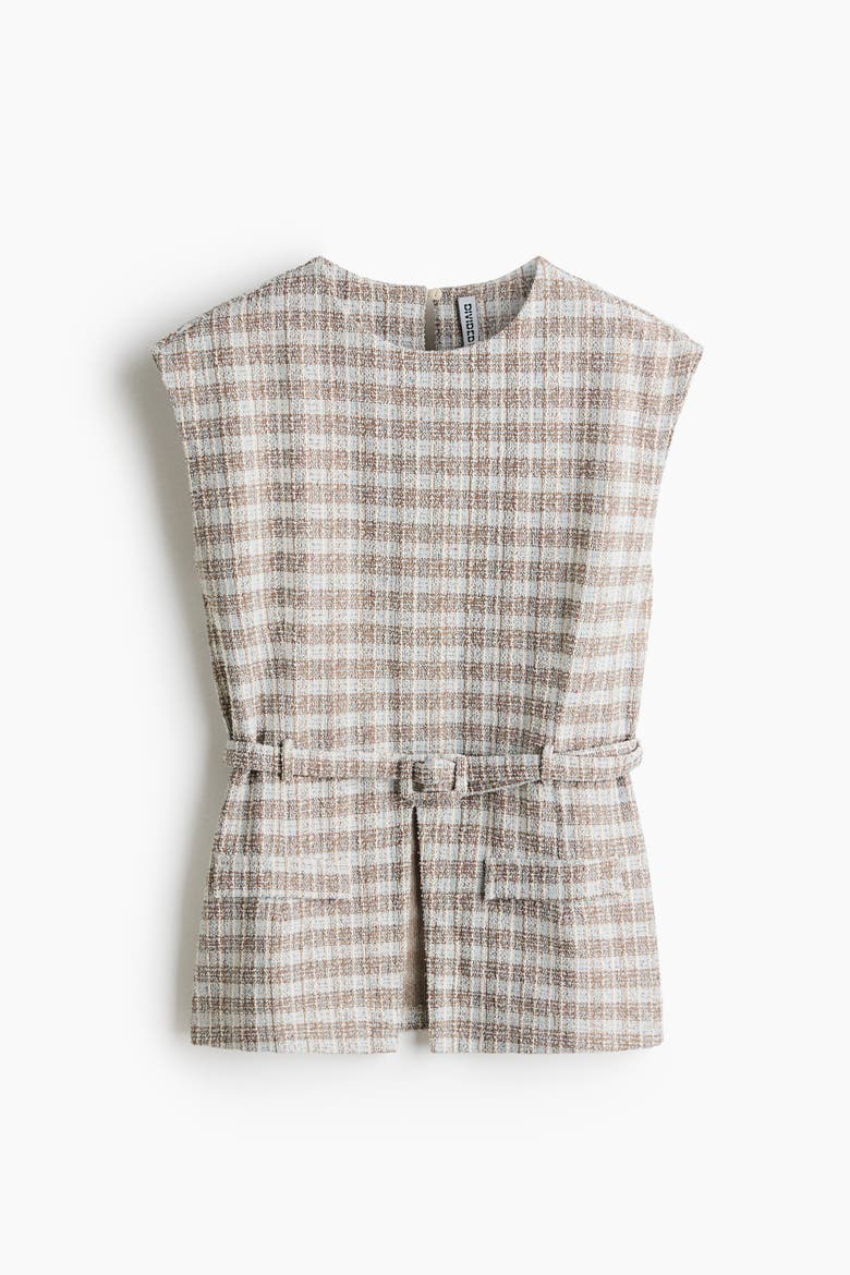 Belted Bouclé-knit Top, Alternate, color, Light dusty blue/plaid