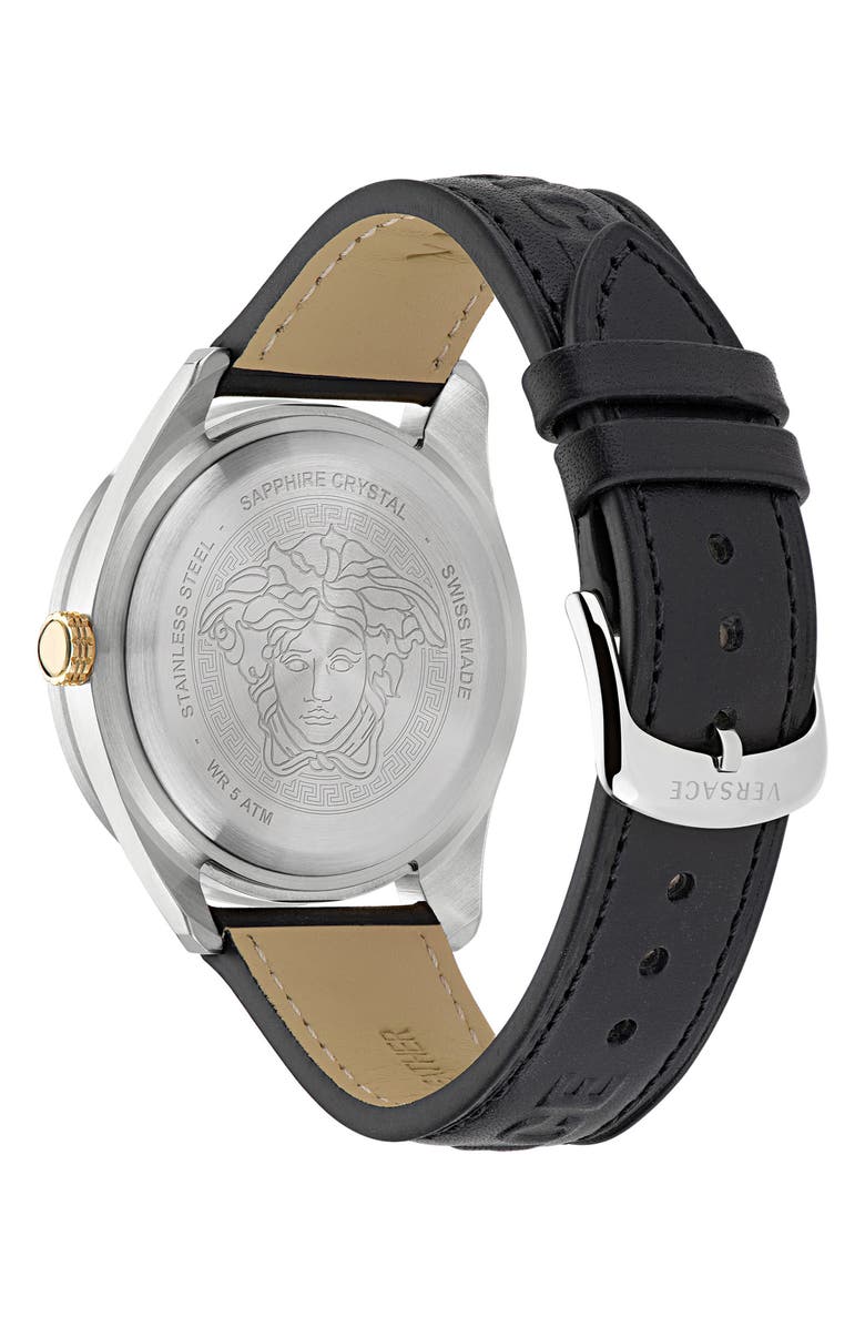 Versace Greca Dome Leather Strap Watch, 42mm, Alternate, color,