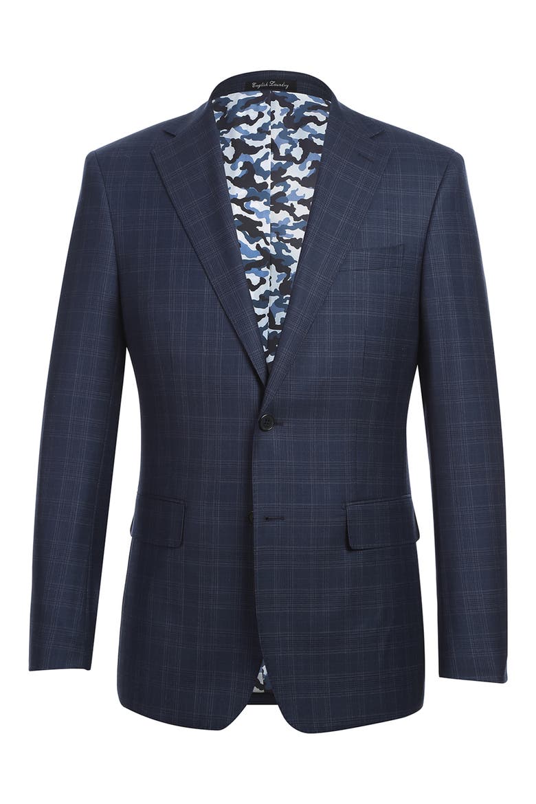Plaid Trim Fit Notch Lapel Wool Blend Two-Piece Suit, Alternate, color, NAVY