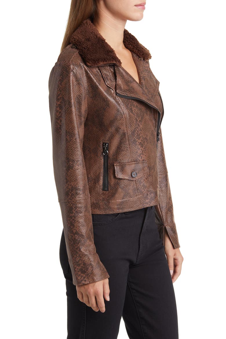 Liana Faux Shearling Collar Faux Snakeskin Moto Jacket, Alternate, color, COCOA POWDER SNAKE
