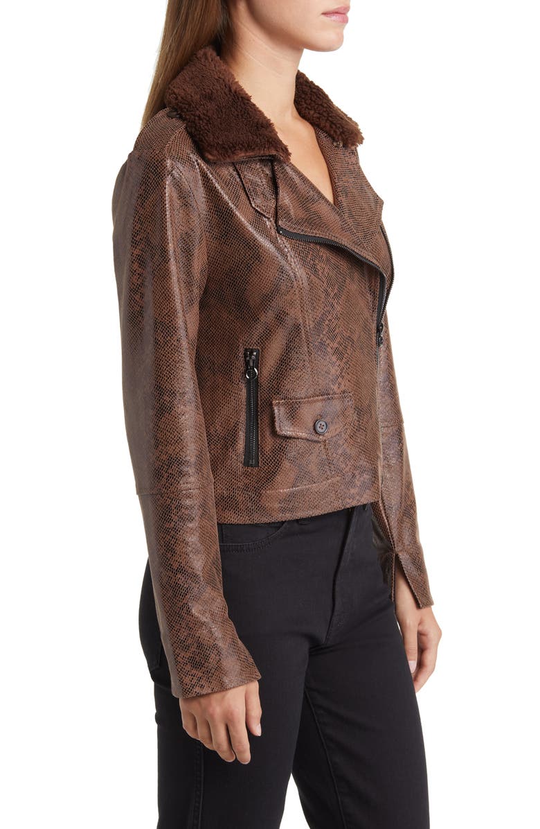 Lysse Liana Faux Shearling Collar Faux Snakeskin Moto Jacket, Alternate, color, Cocoa Powder Snake