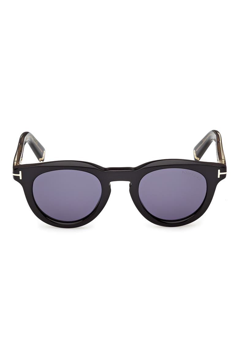 47mm Small Round Sunglasses, Main, color, SHINY BLACK / BLUE LENS
