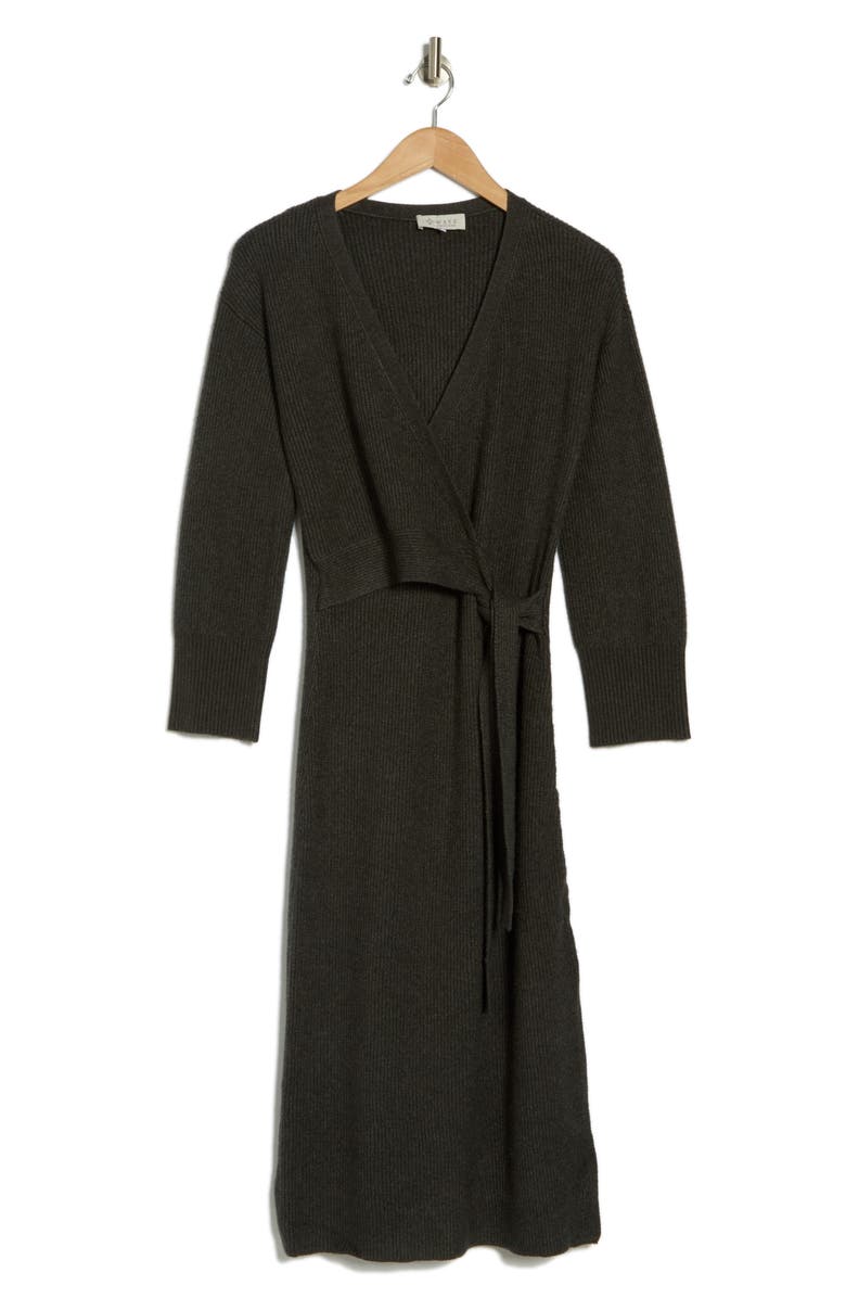 WAYF Long Sleeve Wrap Sweater Dress, Alternate, color, Charcoal