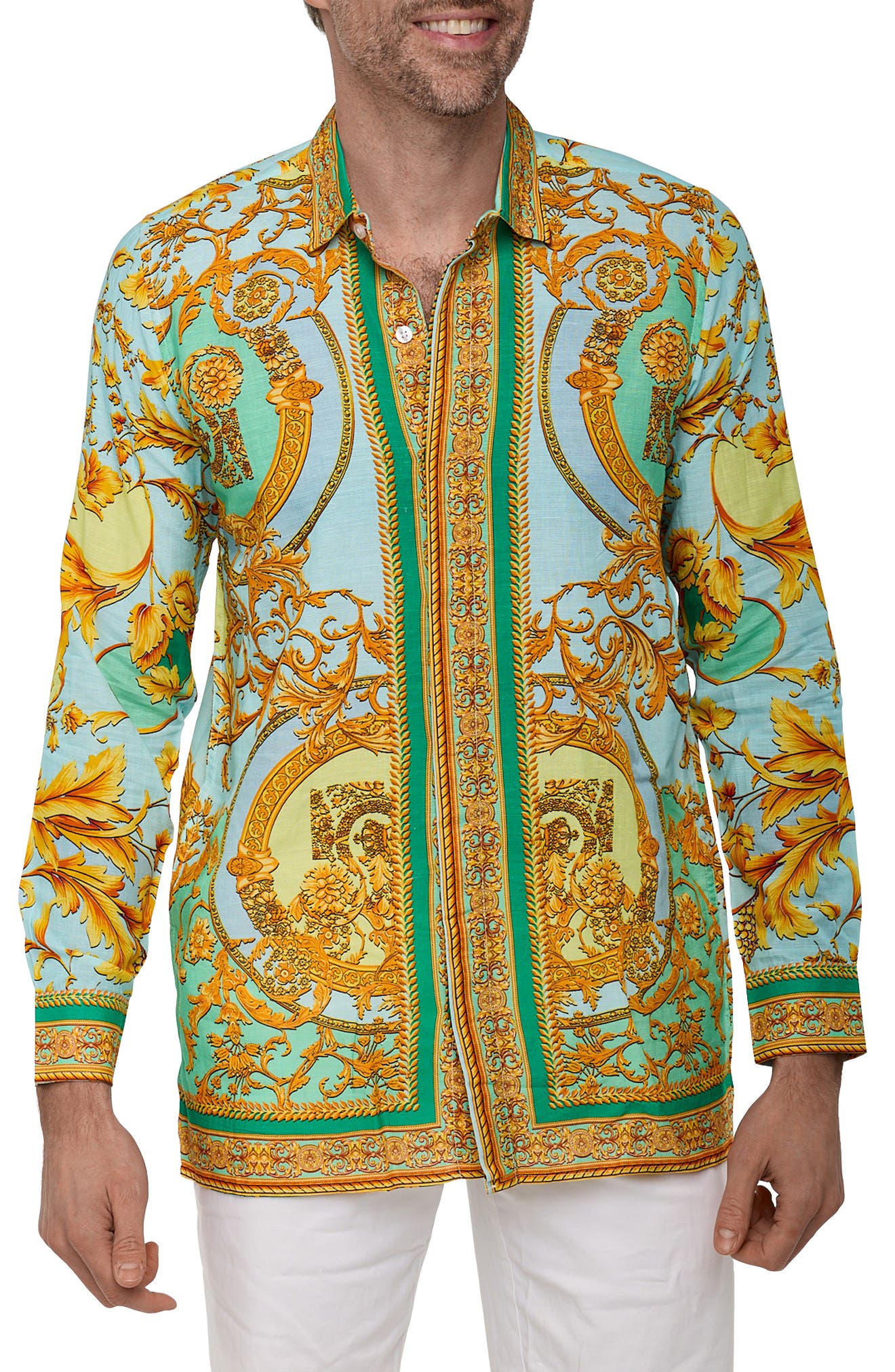 RANEES Extra Trim Fit Print Linen & Cotton Button-Up Resort Shirt