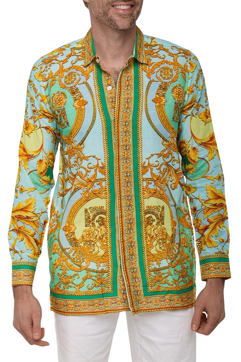 Extra Trim Fit Print Linen & Cotton Button-Up Resort Shirt, Main, color, YELLOW MULTI