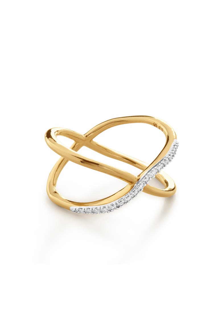 Riva Kiss 18K Gold Vermeil Pavé Diamond Crossover Ring, Main, color, YELLOW GOLD