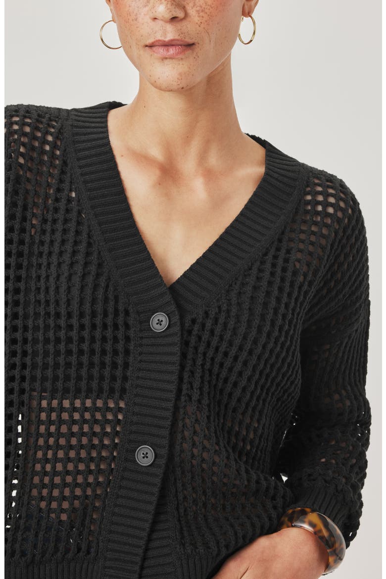 Camellia Openwork V-Neck Cotton Blend Cardigan, Alternate, color, BLACK
