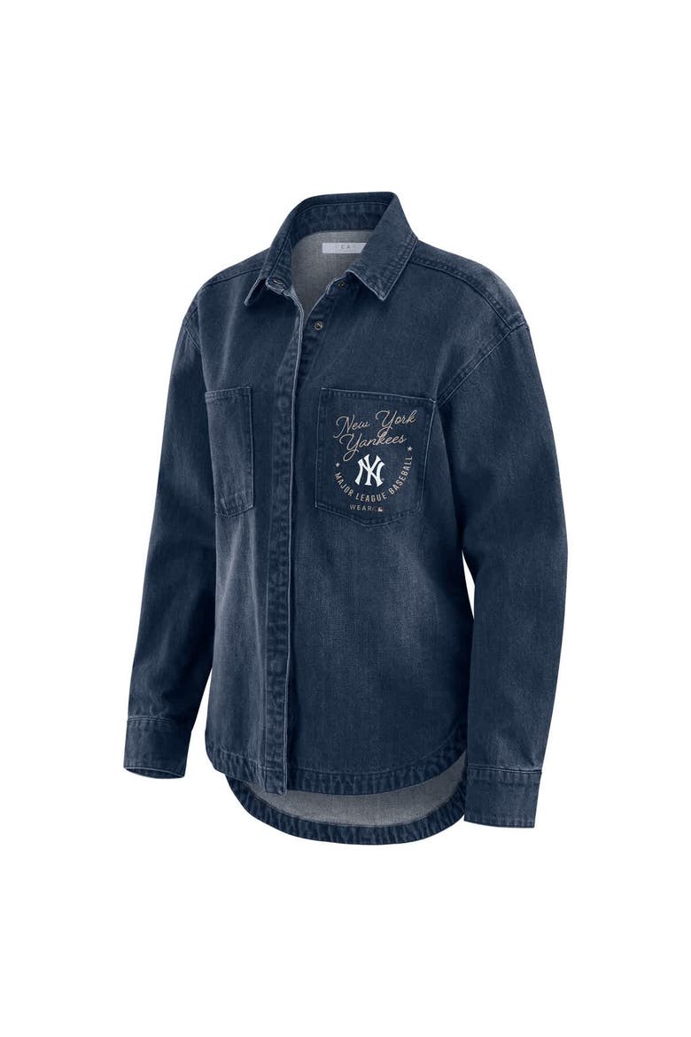 Women's WEAR by Erin Andrews  Denim New York Yankees Washed Oversized Denim Full-Snap Shacket, Alternate, color, Denim