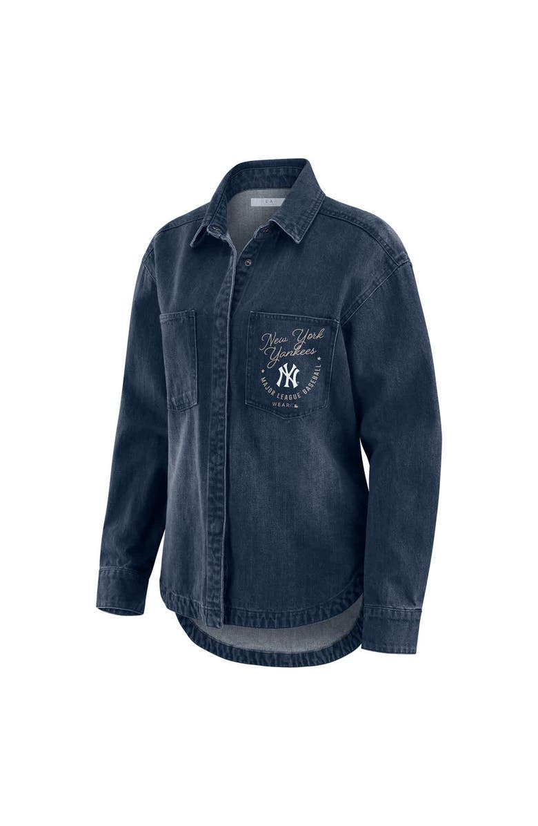 WEAR by Erin Andrews Women's WEAR by Erin Andrews  Denim New York Yankees Washed Oversized Denim Full-Snap Shacket, Alternate, color, Denim