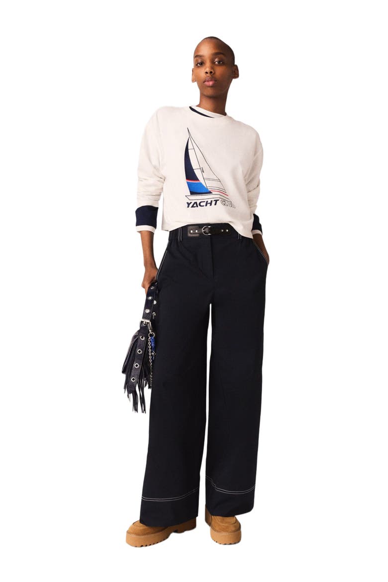 Cotton trousers with leather belt, Alternate, color, Navy