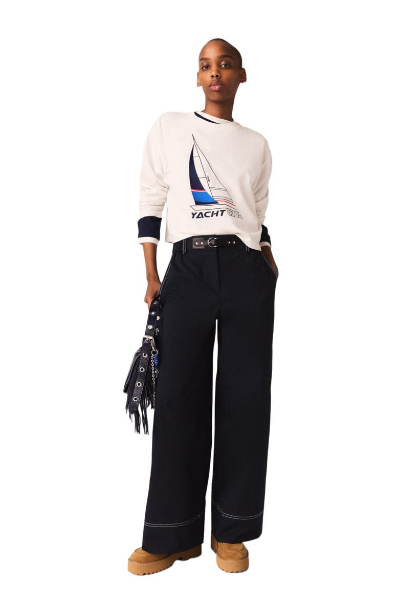 maje Cotton trousers with leather belt, Alternate, color, Navy