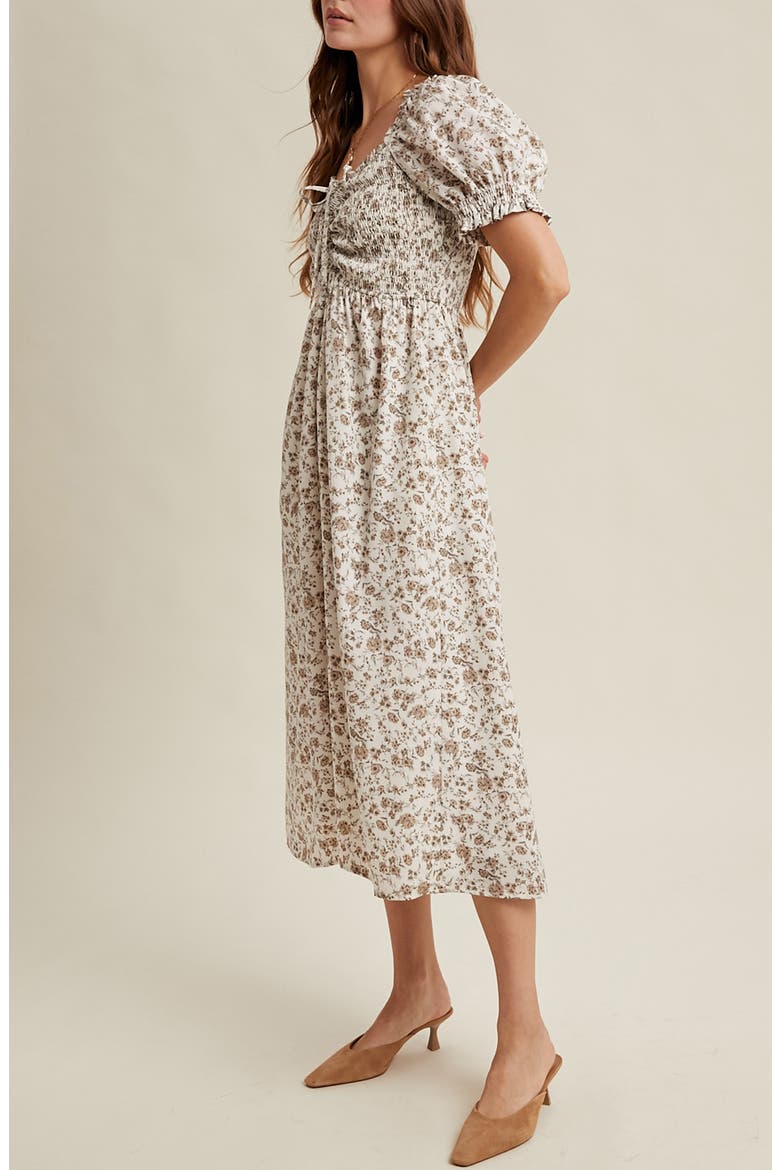 Floral Ruched Midi Dress, Alternate, color, CREAM/ TAUPE
