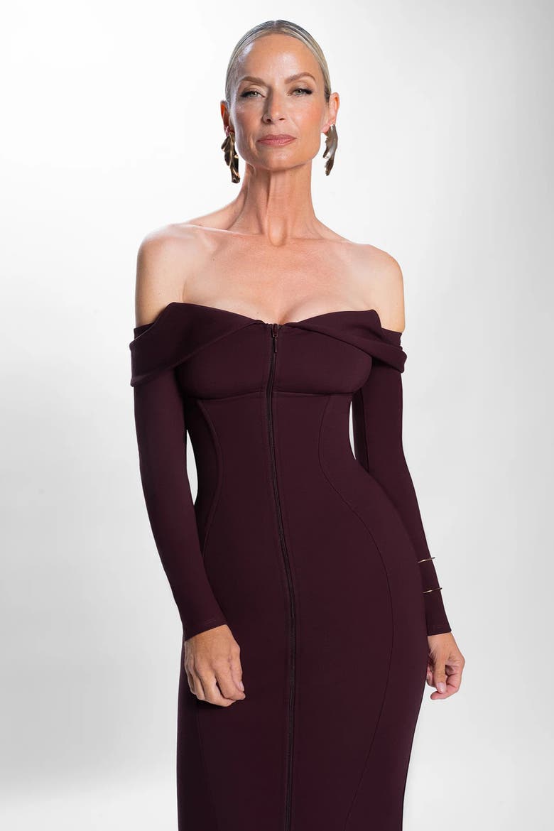 Mega Sculpting Off-the-Shoulder Long Sleeve Midi Dress, Alternate, color, Garnet