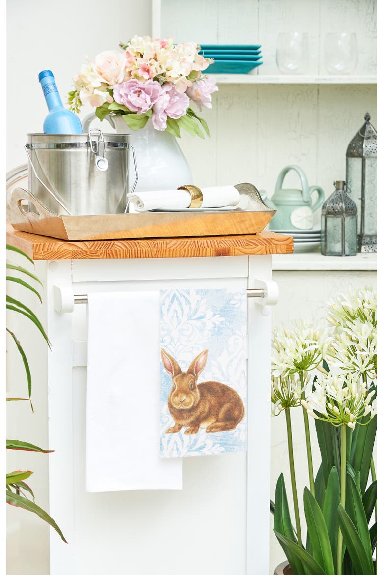 Damask Blue Easter Bunny Rabbit Cotton Kitchen Dishtowel, Alternate, color, Blue