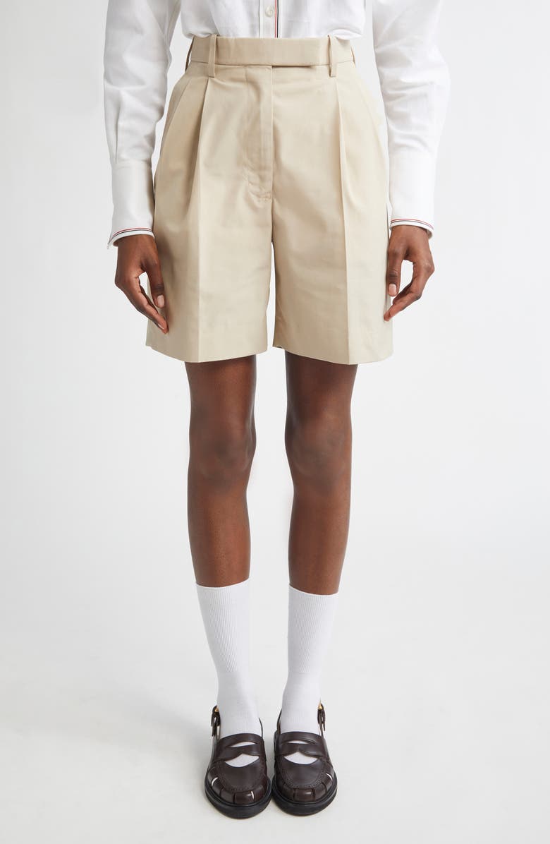 Thom Browne High Waist Double Pleat Shorts, Main, color, Khaki