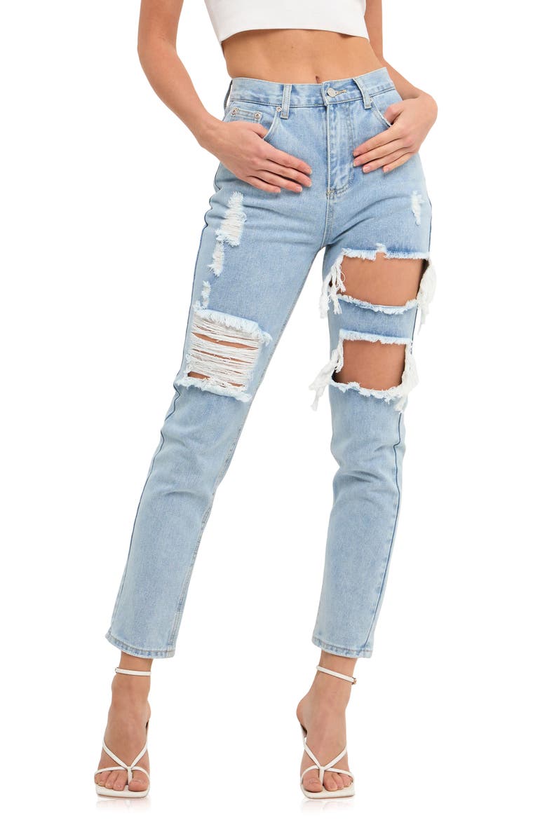 Cutout Ripped High Waist Slim Straight Leg Jeans, Main, color, DENIM