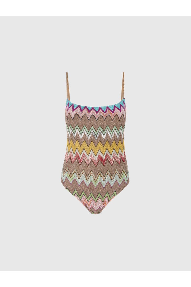 One-piece Swimsuit In Lamé Viscose With Macro Zigzag Pattern, Alternate, color, Black & Multicoloured