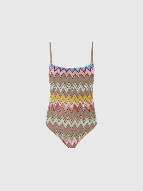 One-piece Swimsuit In Lamé Viscose With Macro Zigzag Pattern