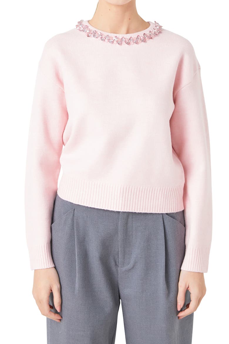 Embellished Crewneck Sweater, Main, color, LIGHT PINK