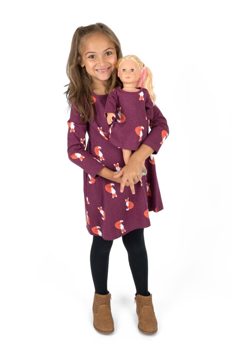 Girls Cotton Dress with Matching Doll Dress, Printed Design, Main, color, FOX