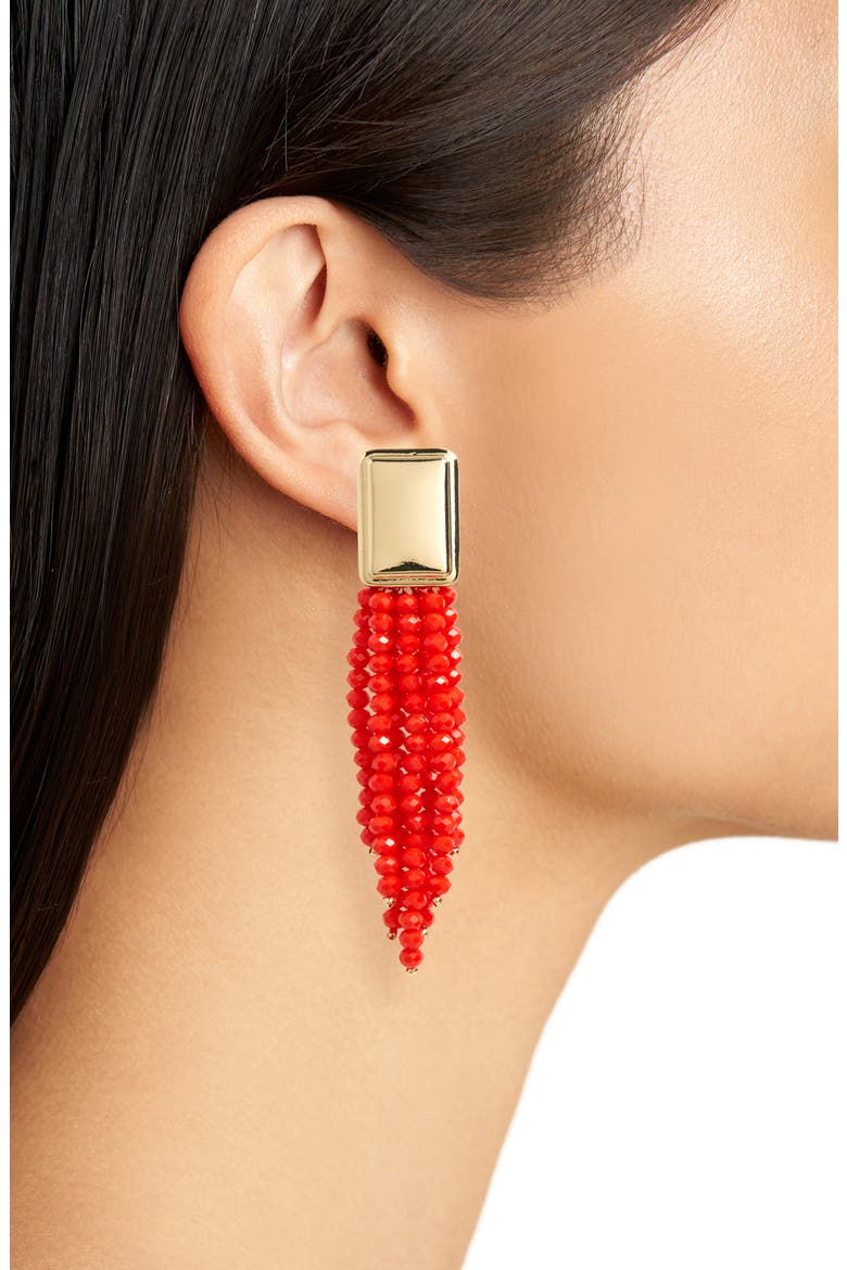 Beaded Fringe Clip Earrings, Alternate, color, CHERRY RED- GOLD