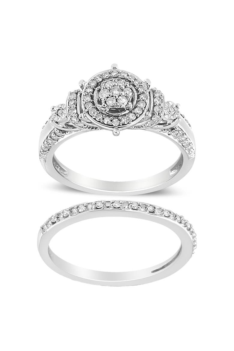 Silver 1/3 Ctw Diamond 7 Stone and Halo Engagement Ring and Wedding Band Set, Main, color, Silver