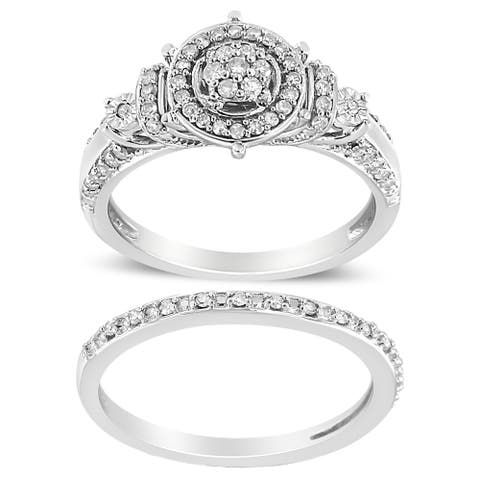 Silver 1/3 Cttw Diamond 7 Stone and Halo Engagement Ring and Wedding Band Set