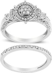 Haus of Brilliance Silver 1/3 Ctw Diamond 7 Stone and Halo Engagement Ring and Wedding Band Set