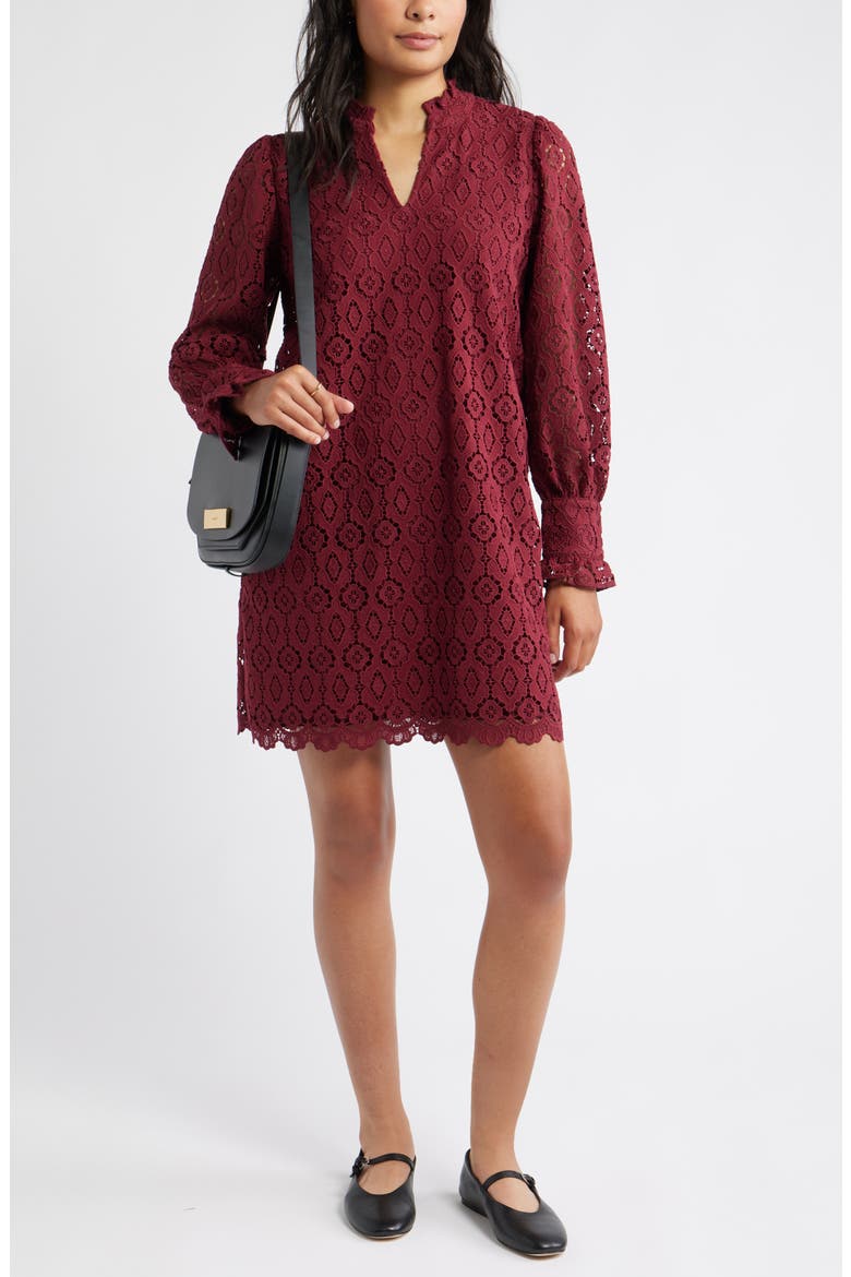 Ruffle Long Sleeve Lace Shift Dress, Alternate, color, BURGUNDY TANNIN