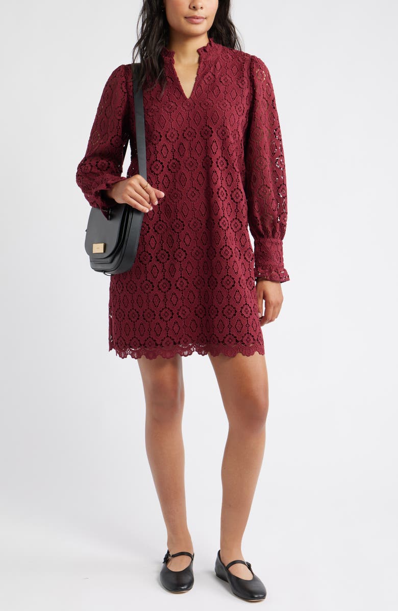 Caslon<sup>®</sup> Ruffle Long Sleeve Lace Shift Dress, Alternate, color, Burgundy Tannin