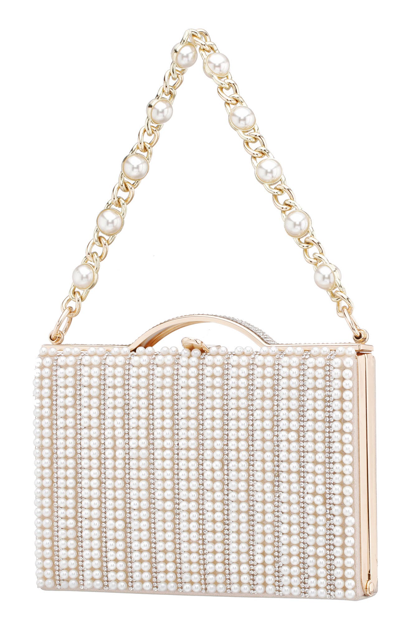 Nina Issa White Imitation Pearl & Crystal Clutch, Alternate, color, White-Gold