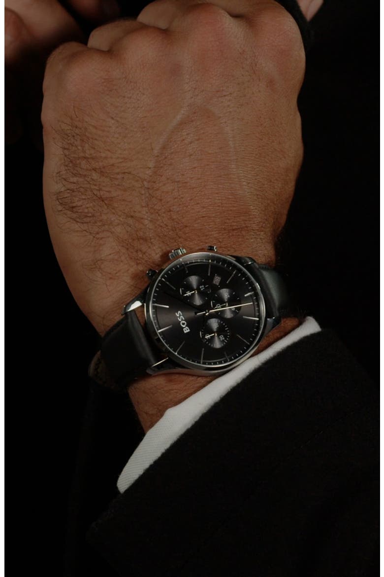 Avery Chronograph Leather Strap Watch, 42mm, Alternate, color, BLACK