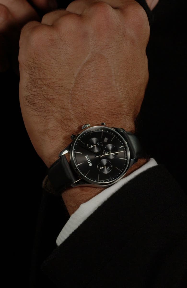 BOSS Avery Chronograph Leather Strap Watch, 42mm, Alternate, color, Black