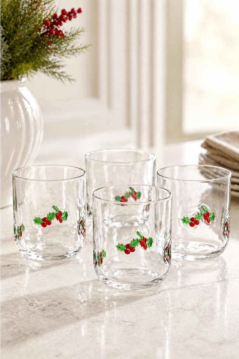Holly Leaf Icon Glass, Set of 4, Alternate, color, Multi