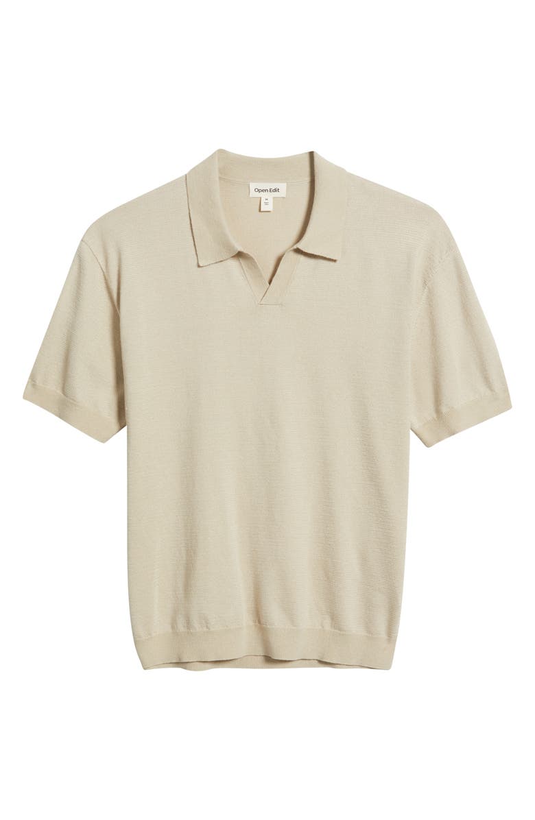 Open Edit Short Sleeve Johnny Collar Polo Sweater, Alternate, color, Beige Birch
