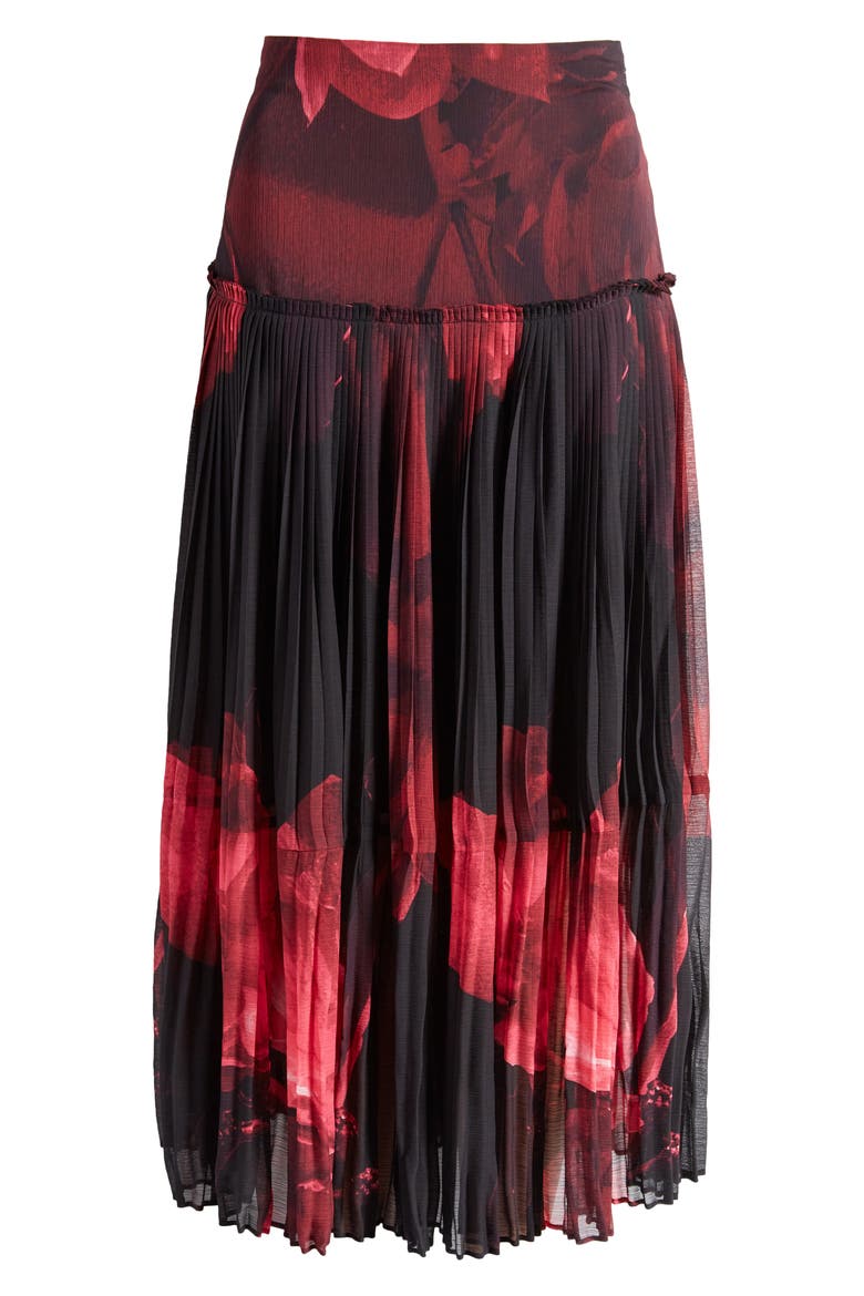 Raychi Floral Pleated Midi Skirt, Alternate, color, BLACK/ RED