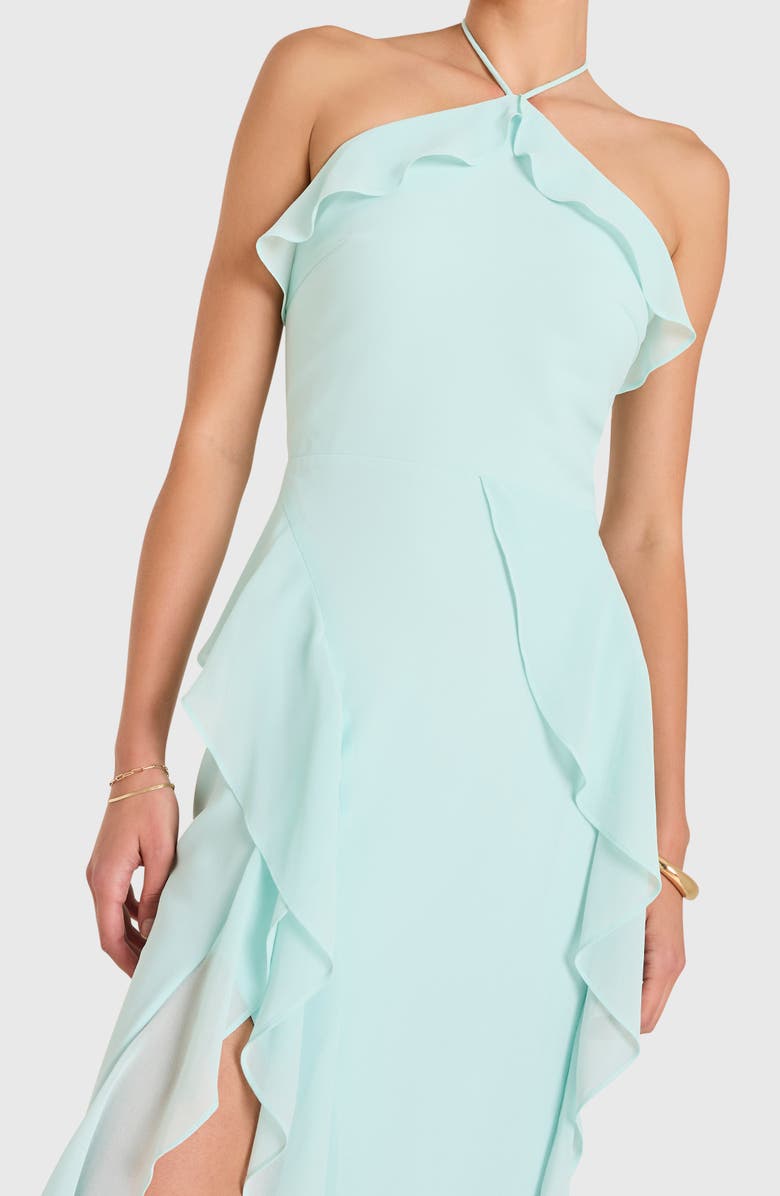 Amanda Uprichard Alessandra Halter Neck Ruffle Trim Gown, Alternate, color, Cloud