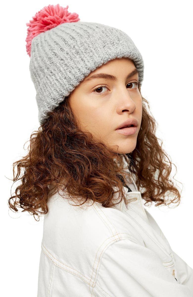 Topshop Big Pom Knit Beanie, Alternate, color, 
