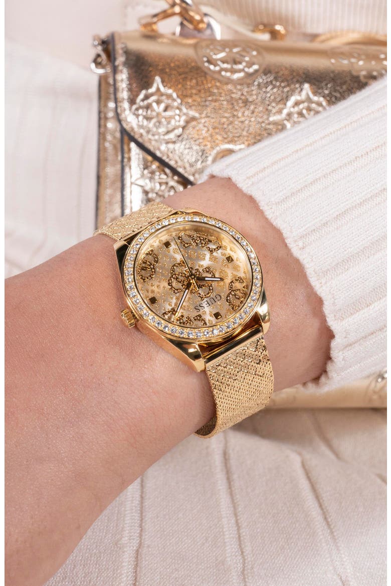 Boa Crystal Bezel Goldtone Mesh Strap Watch, 32mm, Alternate, color, GOLD